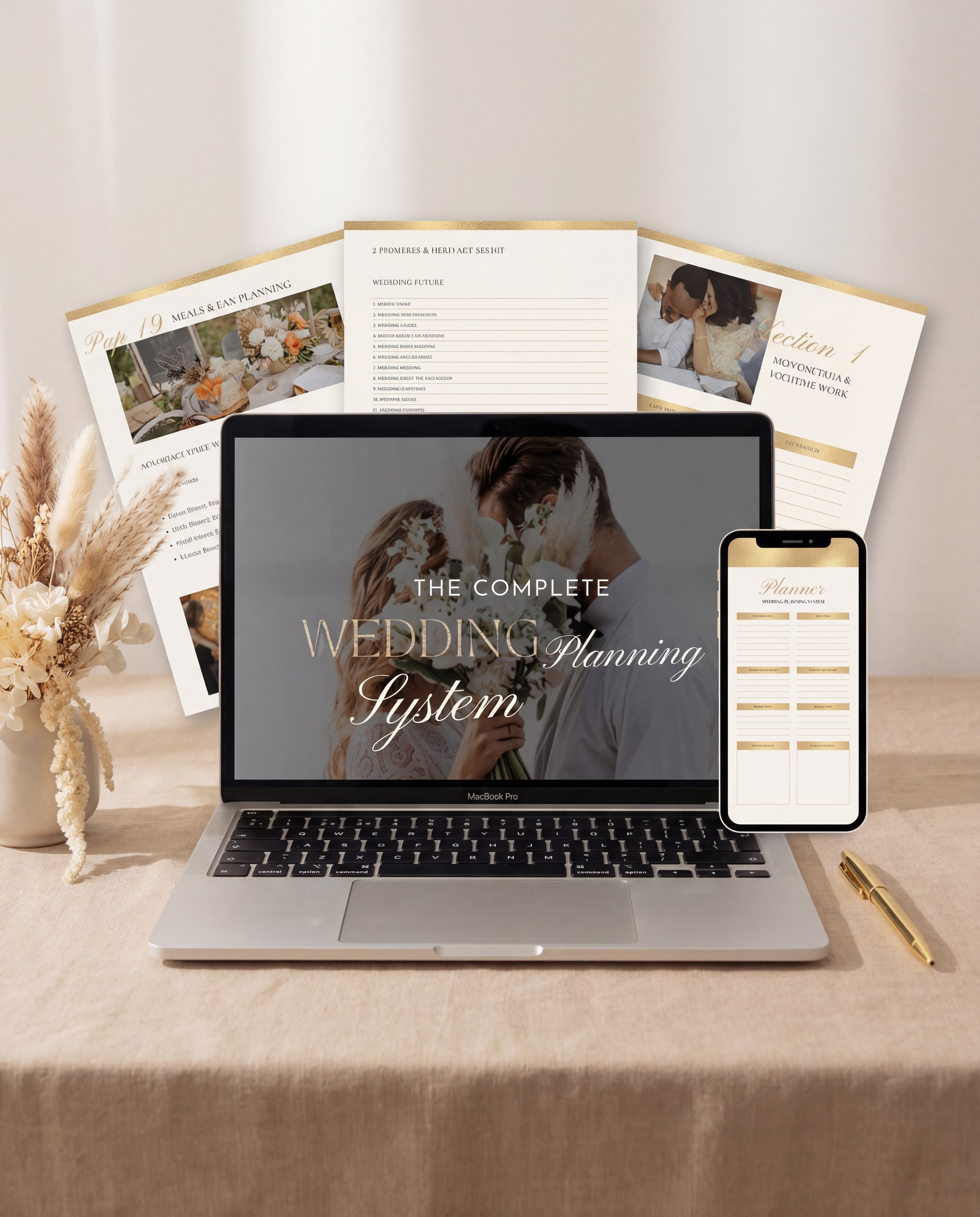 The Complete Wedding Planning System displayed on laptop and phone with printed planning pages